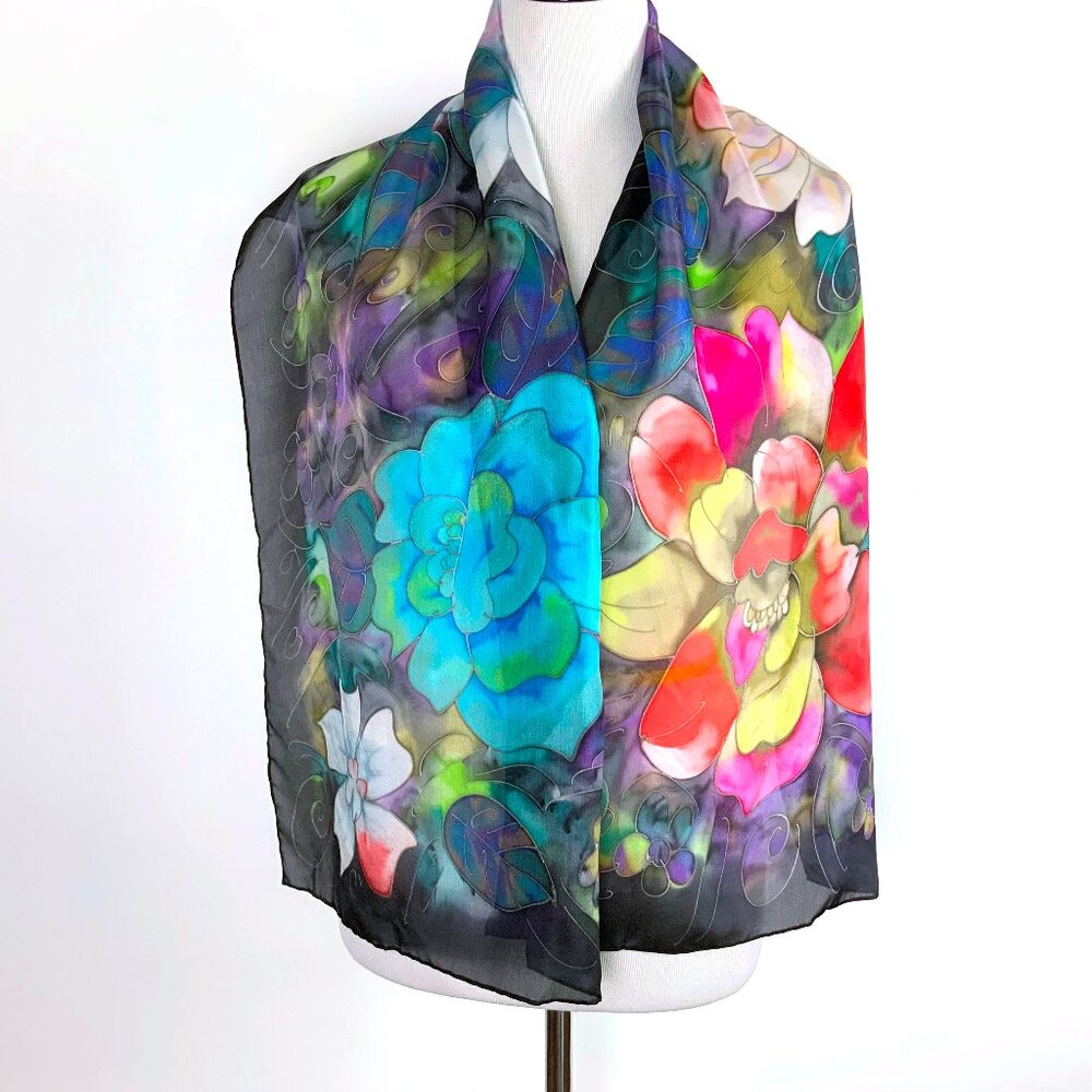New Invisible World Hand Painted 100% Mulberry Silk Floral Scarf